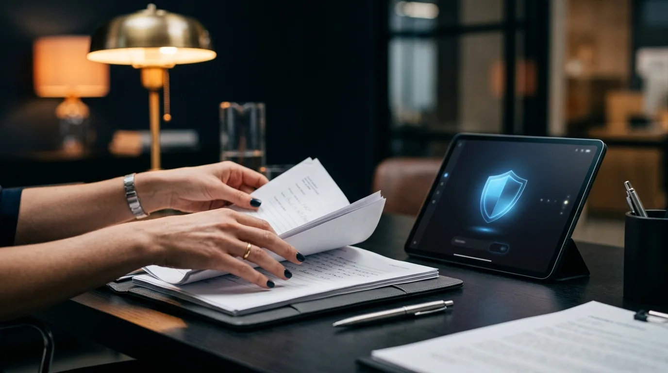 Makler organisiert geschützte Kundendaten am Schreibtisch mit einem Sicherheits-Symbol auf dem Tablet