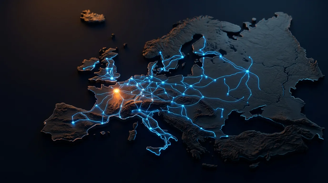 Visualisierung von Datenströmen, die innerhalb Europas bleiben, als Symbol für europäisches Hosting