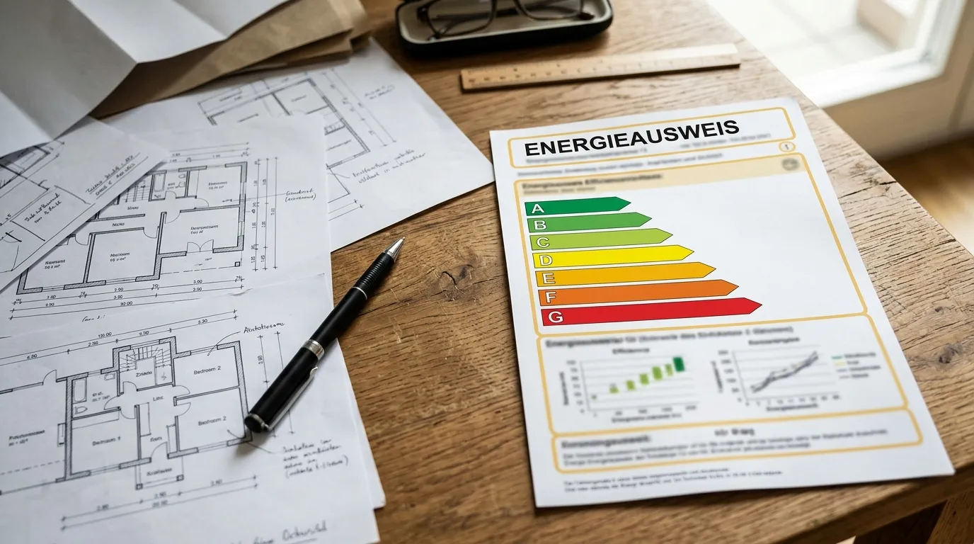 Energieausweis mit Farbskala von A bis G liegt neben Exposé-Unterlagen und Taschenrechner auf einem Schreibtisch