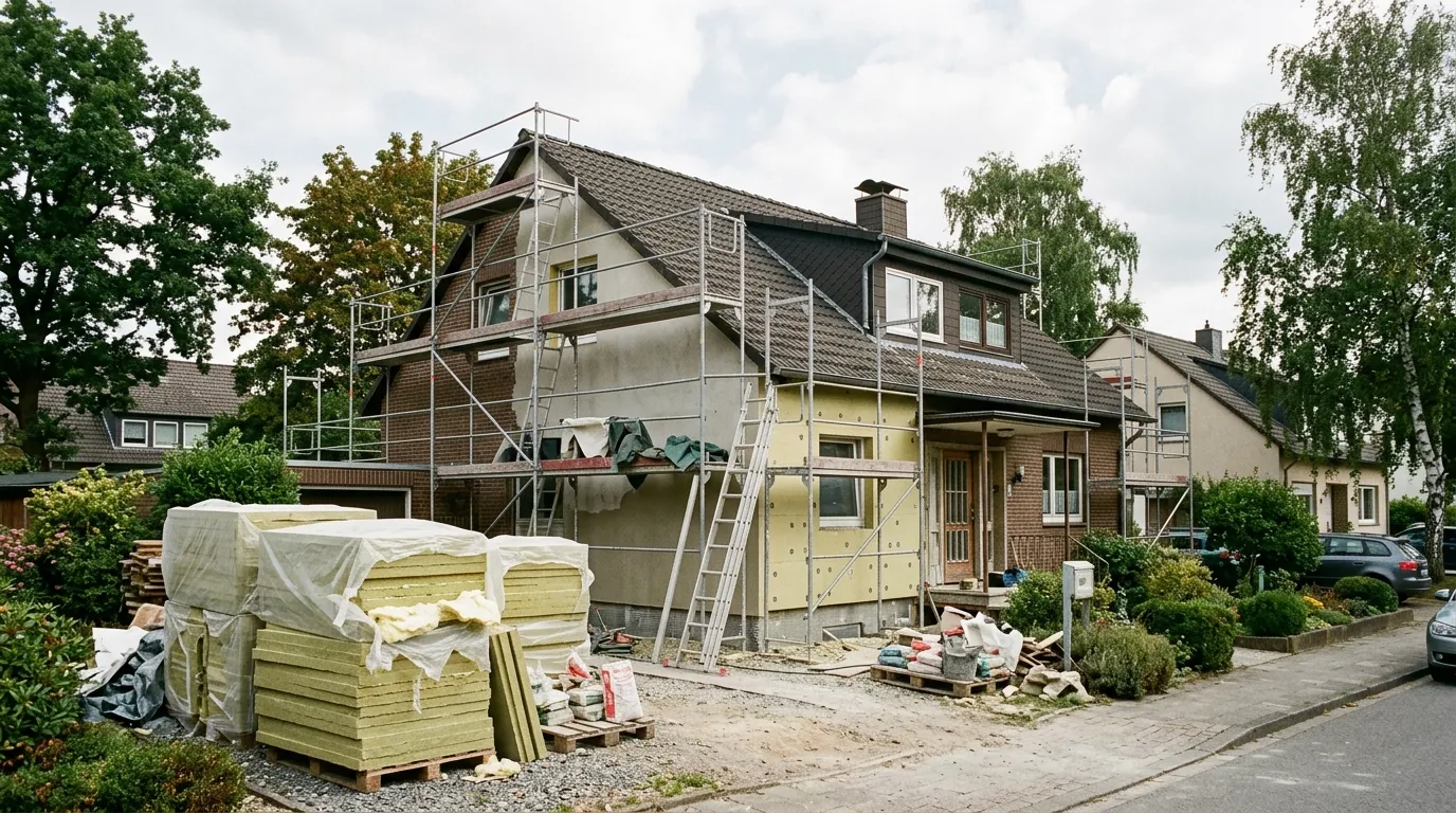 Älteres Einfamilienhaus mit Gerüst während einer energetischen Sanierung, davor Dämmmaterial