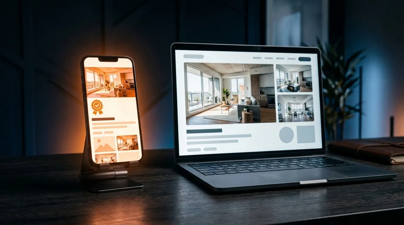 Immobilien-Exposé auf Smartphone und Laptop nebeneinander als Sinnbild für Mobiloptimierung