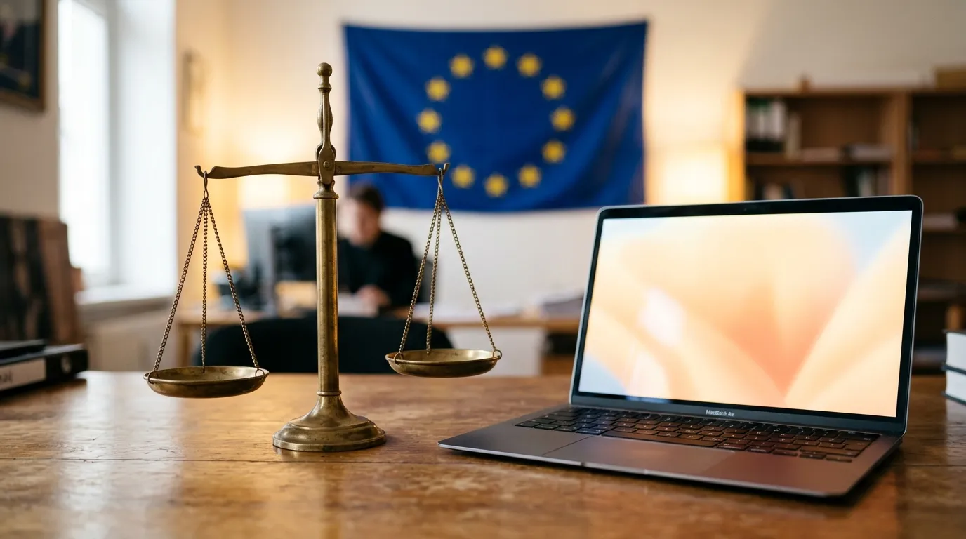 Symbolbild zum EU AI Act: Waage der Justiz neben einem Laptop mit KI-Anwendung im Maklerbüro
