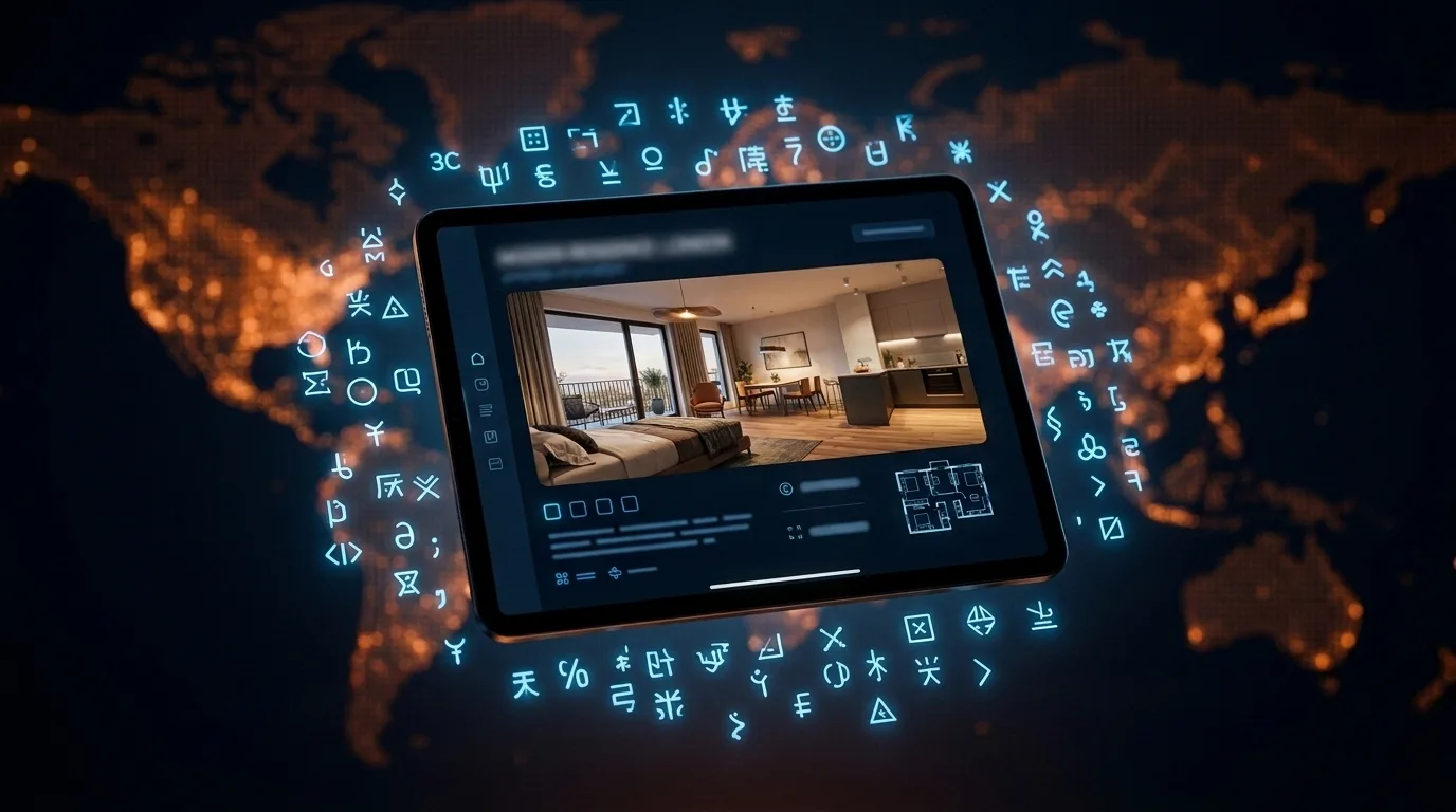 Immobilien-Exposé auf einem Tablet mit Symbolen für mehrsprachige KI-Texte