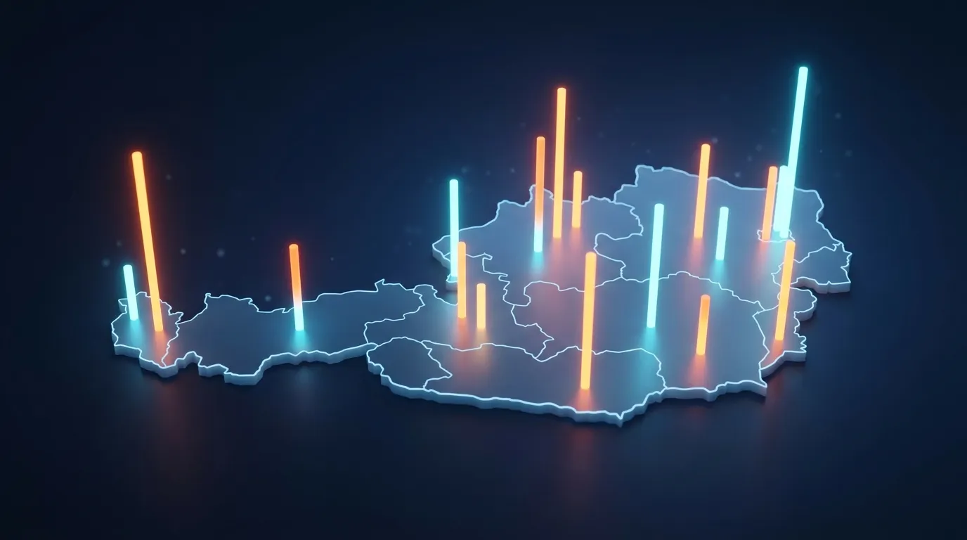 Stilisierte Österreich-Karte mit regional unterschiedlicher Preisentwicklung bei Wohnimmobilien 2025