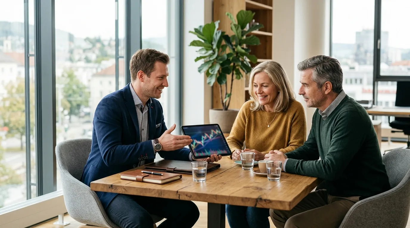 Makler erklärt einem Eigentümerpaar aktuelle Marktdaten am Tablet im Beratungsgespräch