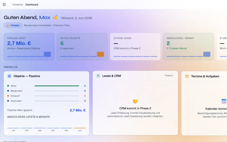 Vividomo® Dashboard: Pipeline, Objekte und KPIs im Überblick