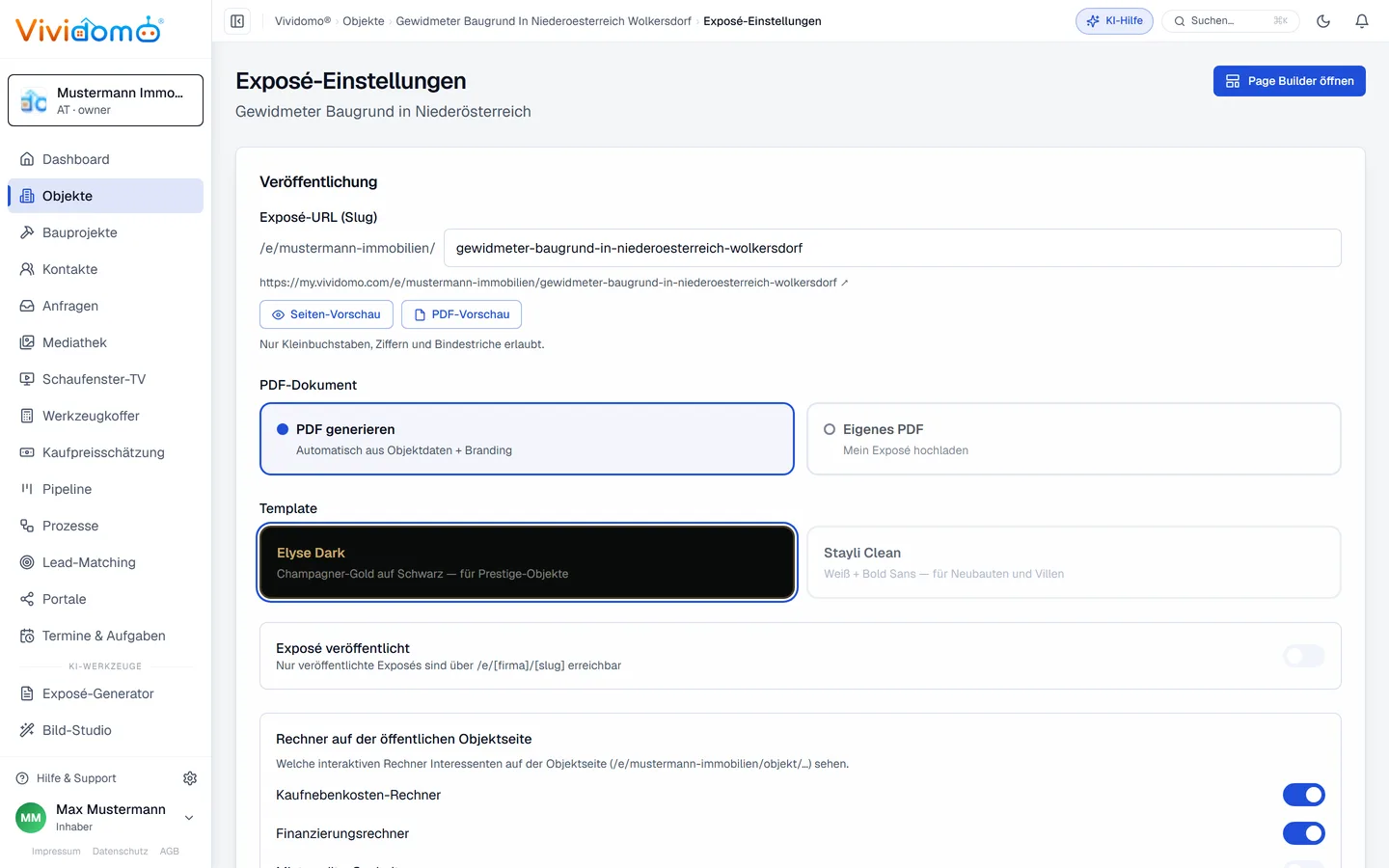 Exposé-Einstellungen mit eigener Exposé-URL, Wahl zwischen den Vorlagen Elyse Dark und Stayli Clean und Schaltern für die Rechner auf der öffentlichen Objektseite