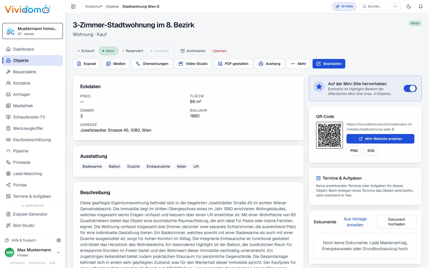 Objekt-Detailseite mit Status-Workflow von Entwurf bis Verkauft, Aktionsleiste für Exposé, Medien, Video und PDF sowie Eckdaten, Ausstattung und QR-Code zur Mini-Website