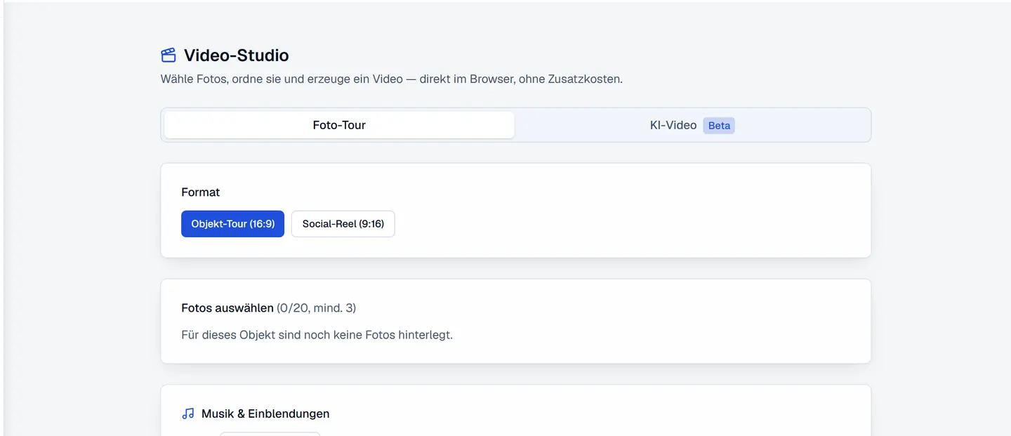 Video-Studio mit den Bereichen Foto-Tour und KI-Video Beta, Formatwahl, Fotoauswahl sowie der Überschrift Musik & Einblendungen